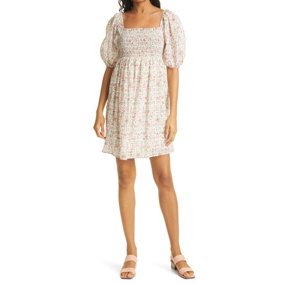 Rails Geena Ambrosia Smocked Puff Sleeve Mini Dress Size Small Cream/Pink Color - Picture 2 of 11